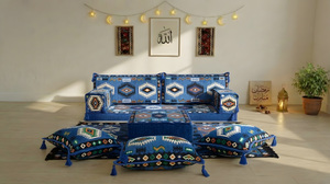 8 Inch Thick Corner Floor Sofa, Blue Diwan Sofa, Moroccan Style Couch for Ramadan, Arabic Floor Sofa with Cushions