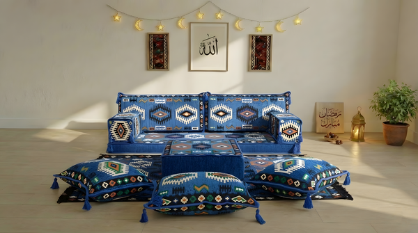8 Inch Thick Corner Floor Sofa, Blue Diwan Sofa, Moroccan Style Couch for Ramadan, Arabic Floor Sofa with Cushions