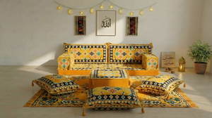 Yellow 8 Inch Thick U Sofa Set, Oriental Floor Seating Set for Ramadan, Arabic Jalsa Diwan Sofa, Ottoman Cushion Set
