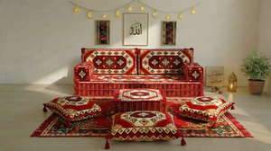 Traditional Red Arabic Sofa for Ramadan, Arabic Majlis for Living Room, Ottoman Floor Seating Sofa Set
