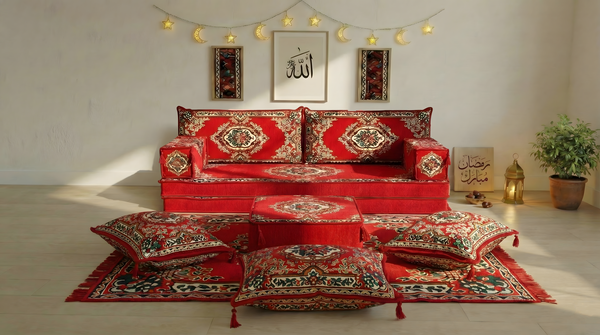 Authentic Red Sofa Sets, Boho Style Living Room Sofa, Arabic Majlis Sofa for Ramadan, 8 Inch Thick Corner Floor Sofa, Moroccan Style Couch