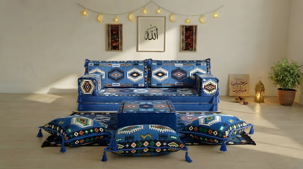 8 Inch Thick Corner Floor Sofa, Blue Diwan Sofa, Moroccan Style Couch for Ramadan, Arabic Floor Sofa with Cushions