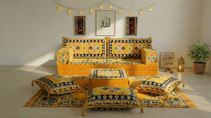 Yellow 8 Inch Thick U Sofa Set, Oriental Floor Seating Set for Ramadan, Arabic Jalsa Diwan Sofa, Ottoman Cushion Set