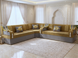 Arabic Majlis Seating Set – Modular Floor Sofa – U L Single Shapes – Taupe Velvet Floor Couch – Moroccan Oriental Majlis