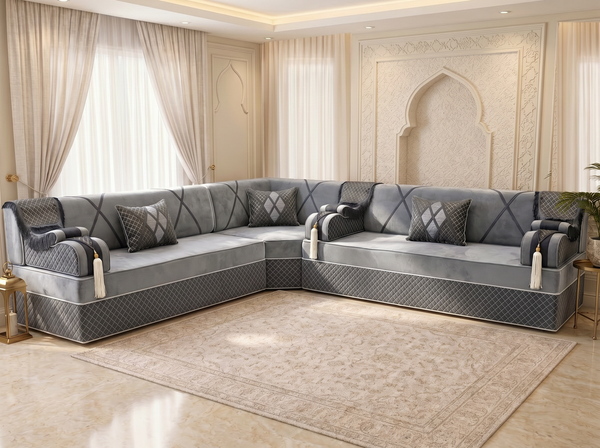 Luxury Arabic Majlis Sofa – Velvet Floor Seating – U L Single Modular Set – Middle Eastern Couch – Moroccan Majlis Seating