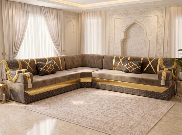 Arabic Floor Sofa Set – Majlis U L Single Layout – Oriental Sectional Seating – Taupe Velvet Couch – Moroccan Middle Eastern