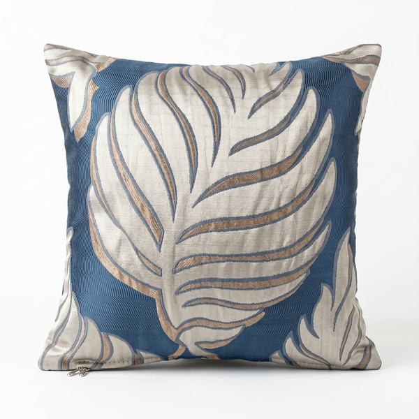 Bohemian Palm Blue Pillow Cover – Handcrafted Tropical Botanical Leaf Tapestry – Boho Coastal Throw Cushion