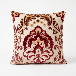Red Crimson Hymn: Damask Pillow Cover – Handcrafted Vintage Aubusson Tapestry – Bold French Country Throw Cushion