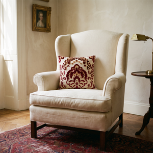 Red Crimson Hymn: Damask Pillow Cover – Handcrafted Vintage Aubusson Tapestry – Bold French Country Throw Cushion