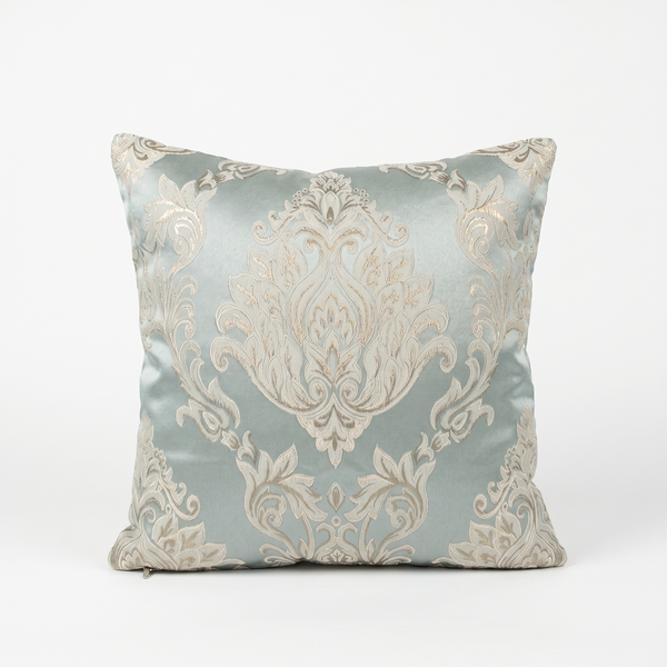 Cherub Cameo: Grey-Blue Aubusson Lumbar Pillow Cover – Baroque Gold Medallion Tapestry – Gold Fringe – Versailles Throw Pillow