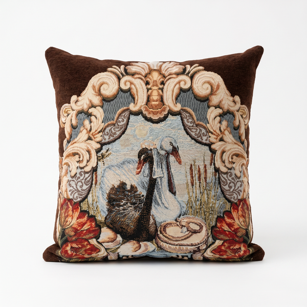 Navy Blue Swan Aria: Vintage Aubusson Pillow Cover – Floral Tapestry Cushion – French Country Sofa Throw Pillow