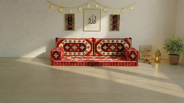 Traditional Red Arabic Sofa for Ramadan, Arabic Majlis for Living Room, Ottoman Floor Seating Sofa Set