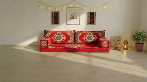 Authentic Red Sofa Sets, Boho Style Living Room Sofa, Arabic Majlis Sofa for Ramadan, 8 Inch Thick Corner Floor Sofa, Moroccan Style Couch