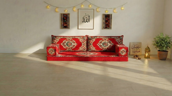 Authentic Red Sofa Sets, Boho Style Living Room Sofa, Arabic Majlis Sofa for Ramadan, 8 Inch Thick Corner Floor Sofa, Moroccan Style Couch