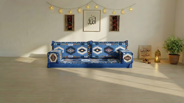 8 Inch Thick Corner Floor Sofa, Blue Diwan Sofa, Moroccan Style Couch for Ramadan, Arabic Floor Sofa with Cushions