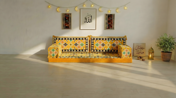 Yellow 8 Inch Thick U Sofa Set, Oriental Floor Seating Set for Ramadan, Arabic Jalsa Diwan Sofa, Ottoman Cushion Set