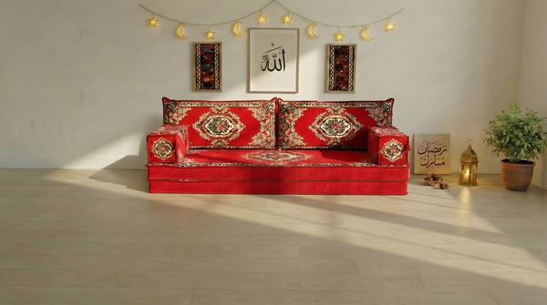 Authentic Red Sofa Sets, Boho Style Living Room Sofa, Arabic Majlis Sofa for Ramadan, 8 Inch Thick Corner Floor Sofa, Moroccan Style Couch
