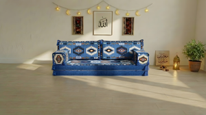 8 Inch Thick Corner Floor Sofa, Blue Diwan Sofa, Moroccan Style Couch for Ramadan, Arabic Floor Sofa with Cushions