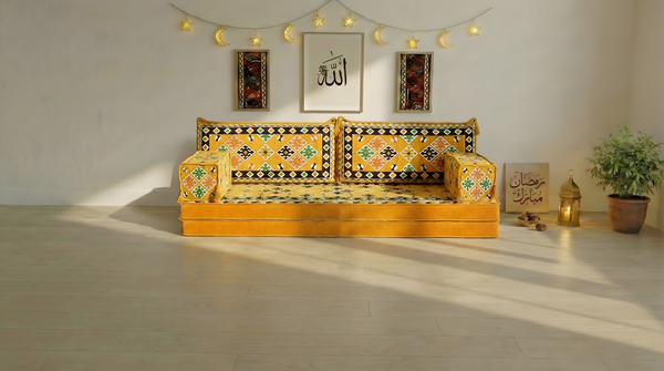Yellow 8 Inch Thick U Sofa Set, Oriental Floor Seating Set for Ramadan, Arabic Jalsa Diwan Sofa, Ottoman Cushion Set
