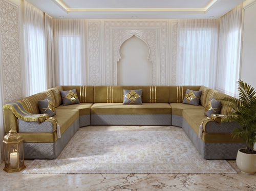 Arabic Majlis Seating Set – Modular Floor Sofa – U L Single Shapes – Taupe Velvet Floor Couch – Moroccan Oriental Majlis