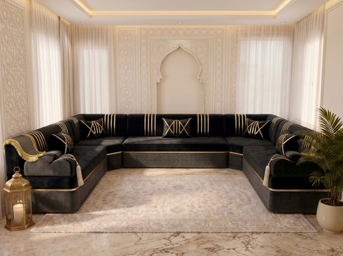 Luxury Arabic Majlis Sofa – Sectional Floor Seating – U Shaped Couch – L Shaped Corner Sofa – Middle Eastern Floor Cushion