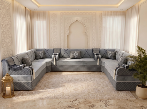 Luxury Arabic Majlis Sofa – Velvet Floor Seating – U L Single Modular Set – Middle Eastern Couch – Moroccan Majlis Seating