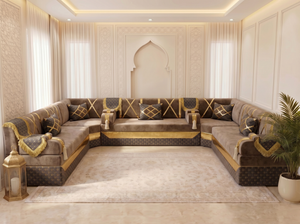 Arabic Floor Sofa Set – Majlis U L Single Layout – Oriental Sectional Seating – Taupe Velvet Couch – Moroccan Middle Eastern