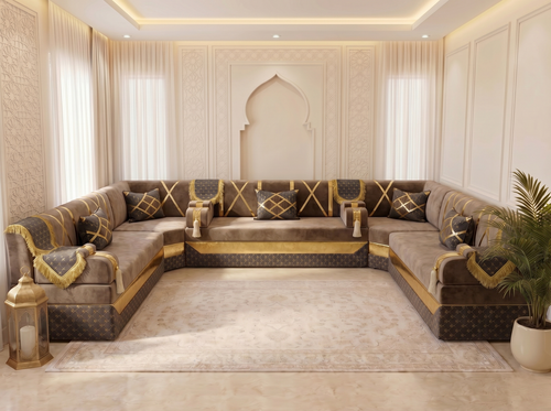 Arabic Floor Sofa Set – Majlis U L Single Layout – Oriental Sectional Seating – Taupe Velvet Couch – Moroccan Middle Eastern