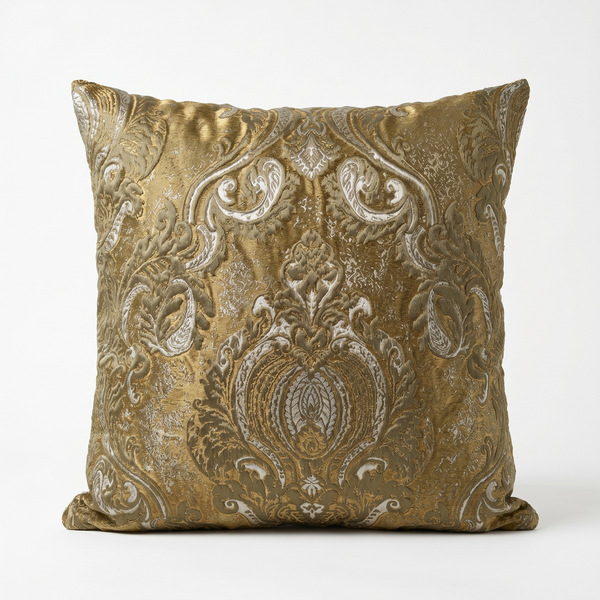 Topkapi Crest Gold Champagne Pillow Cover – Handwoven Vintage Aubusson Damask Medallion – Luxury French Country Throw