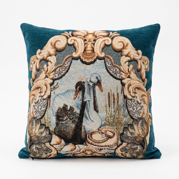 Navy Blue Swan Aria: Vintage Aubusson Pillow Cover – Floral Tapestry Cushion – French Country Sofa Throw Pillow
