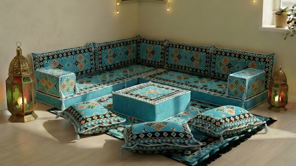 Turquoise Arabic Jalsa for Ramadan, Moroccan Sofa Set, Ottoman Sofa Floor Seating for Living Room