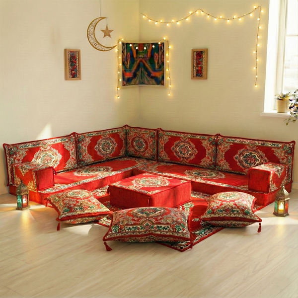 Authentic Red Sofa Sets, Boho Style Living Room Sofa, Arabic Majlis Sofa for Ramadan, 8 Inch Thick Corner Floor Sofa, Moroccan Style Couch