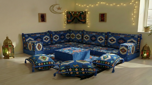 8 Inch Thick Corner Floor Sofa, Blue Diwan Sofa, Moroccan Style Couch for Ramadan, Arabic Floor Sofa with Cushions