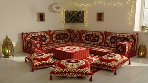 Traditional Red Arabic Sofa for Ramadan, Arabic Majlis for Living Room, Ottoman Floor Seating Sofa Set