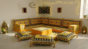 Yellow 8 Inch Thick U Sofa Set, Oriental Floor Seating Set for Ramadan, Arabic Jalsa Diwan Sofa, Ottoman Cushion Set