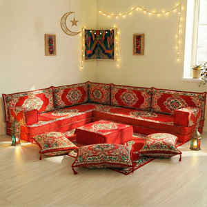 Authentic Red Sofa Sets, Boho Style Living Room Sofa, Arabic Majlis Sofa for Ramadan, 8 Inch Thick Corner Floor Sofa, Moroccan Style Couch