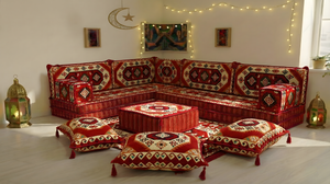 Traditional Red Arabic Sofa for Ramadan, Arabic Majlis for Living Room, Ottoman Floor Seating Sofa Set