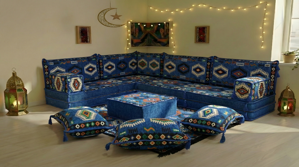 8 Inch Thick Corner Floor Sofa, Blue Diwan Sofa, Moroccan Style Couch for Ramadan, Arabic Floor Sofa with Cushions
