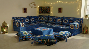 8 Inch Thick Corner Floor Sofa, Blue Diwan Sofa, Moroccan Style Couch for Ramadan, Arabic Floor Sofa with Cushions