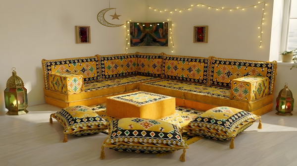 Yellow 8 Inch Thick U Sofa Set, Oriental Floor Seating Set for Ramadan, Arabic Jalsa Diwan Sofa, Ottoman Cushion Set