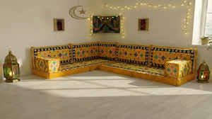 Yellow 8 Inch Thick U Sofa Set, Oriental Floor Seating Set for Ramadan, Arabic Jalsa Diwan Sofa, Ottoman Cushion Set