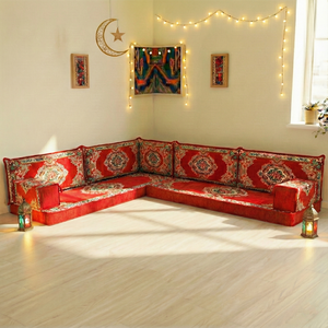 Authentic Red Sofa Sets, Boho Style Living Room Sofa, Arabic Majlis Sofa for Ramadan, 8 Inch Thick Corner Floor Sofa, Moroccan Style Couch