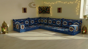 8 Inch Thick Corner Floor Sofa, Blue Diwan Sofa, Moroccan Style Couch for Ramadan, Arabic Floor Sofa with Cushions