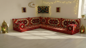 Traditional Red Arabic Sofa for Ramadan, Arabic Majlis for Living Room, Ottoman Floor Seating Sofa Set