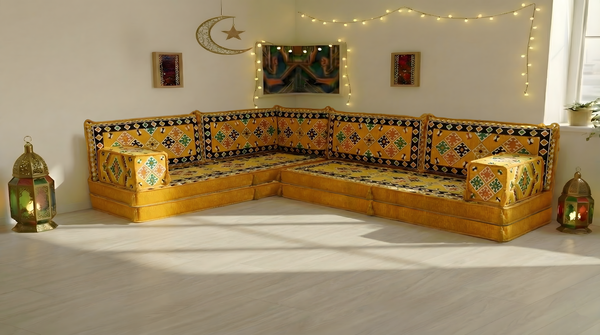 Yellow 8 Inch Thick U Sofa Set, Oriental Floor Seating Set for Ramadan, Arabic Jalsa Diwan Sofa, Ottoman Cushion Set