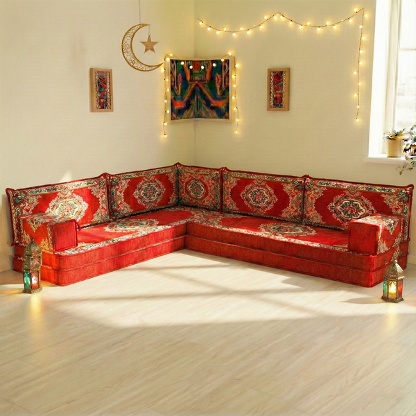 Authentic Red Sofa Sets, Boho Style Living Room Sofa, Arabic Majlis Sofa for Ramadan, 8 Inch Thick Corner Floor Sofa, Moroccan Style Couch