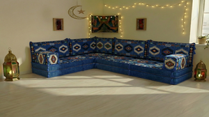 8 Inch Thick Corner Floor Sofa, Blue Diwan Sofa, Moroccan Style Couch for Ramadan, Arabic Floor Sofa with Cushions