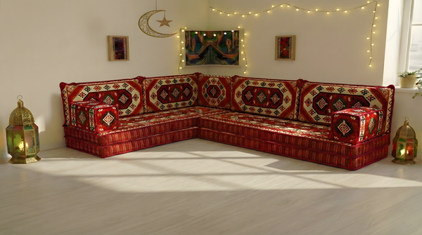 Traditional Red Arabic Sofa for Ramadan, Arabic Majlis for Living Room, Ottoman Floor Seating Sofa Set