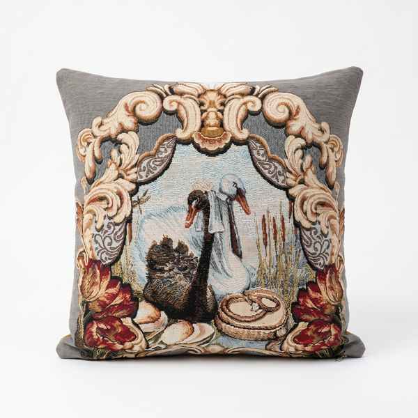 Navy Blue Swan Aria: Vintage Aubusson Pillow Cover – Floral Tapestry Cushion – French Country Sofa Throw Pillow