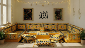 Yellow 8 Inch Thick U Sofa Set, Oriental Floor Seating Set for Ramadan, Arabic Jalsa Diwan Sofa, Ottoman Cushion Set
